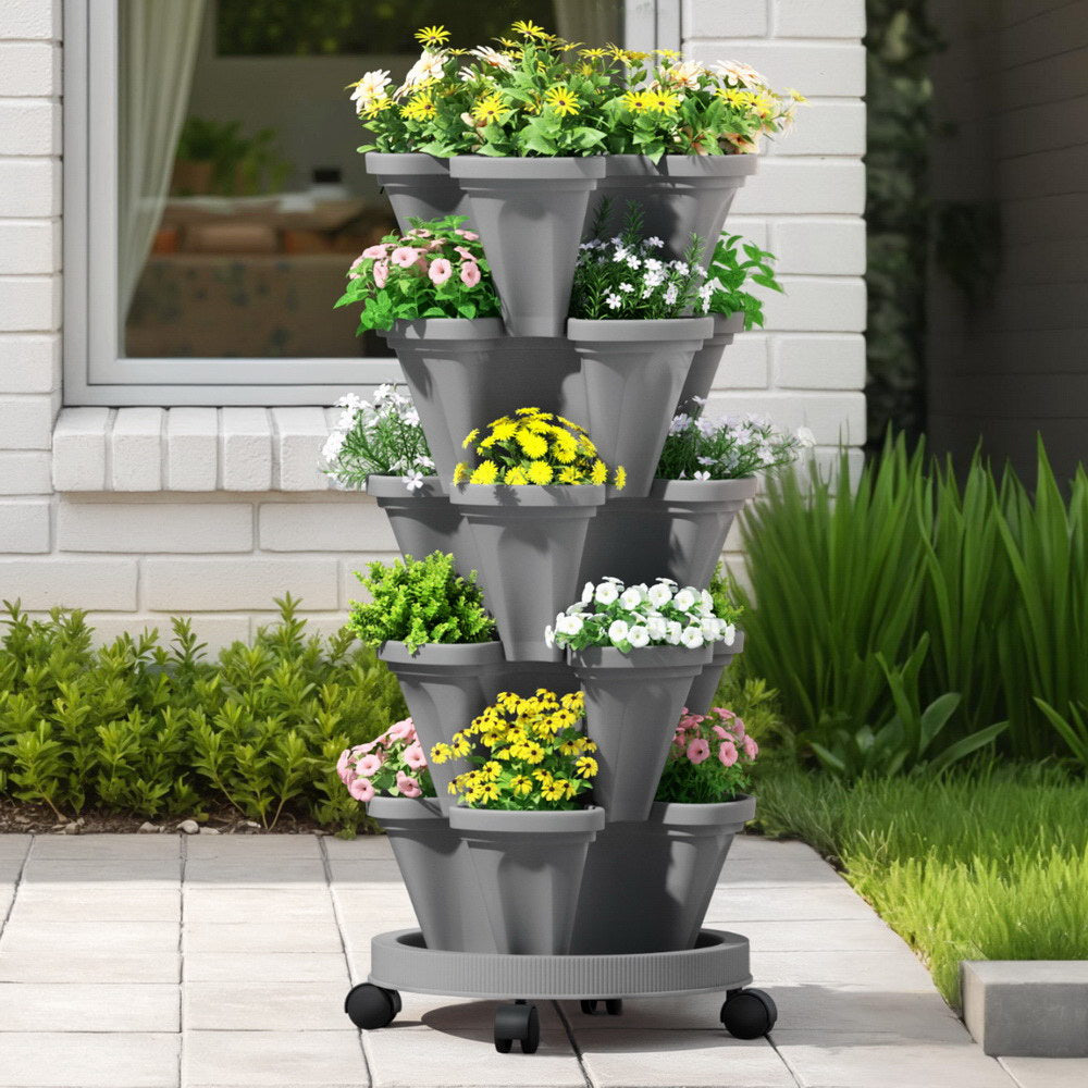 Vertical Garden | 5-Tier Raised Planter Bed | Grey Stackable Pots for Herbs & Flowers