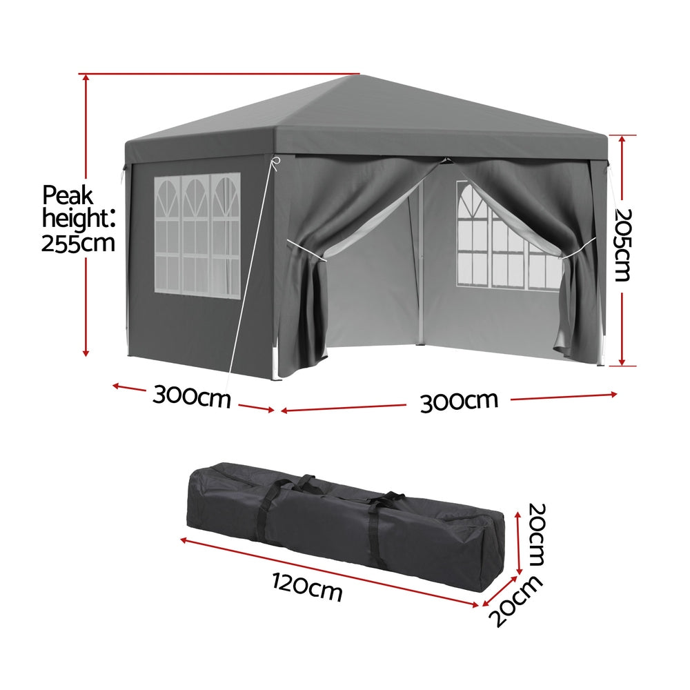 Instahut Gazebo | 3x3m | Pop Up Marquee Tent | Folding Wedding Outdoor Shade | Grey