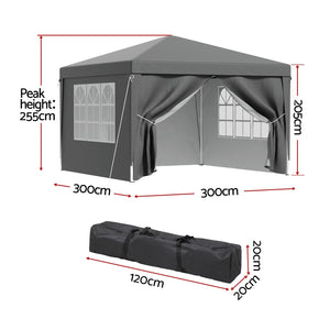 Instahut Gazebo | 3x3m | Pop Up Marquee Tent | Folding Wedding Outdoor Shade | Grey