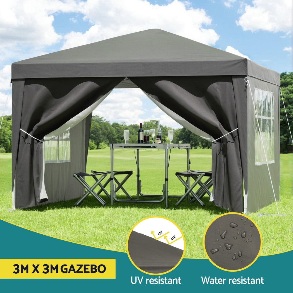 Instahut Gazebo | 3x3m | Pop Up Marquee Tent | Folding Wedding Outdoor Shade | Grey