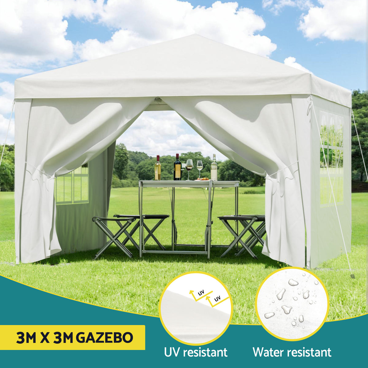 Instahut Gazebo | 3x3m | Pop Up Marquee Tent | Folding Wedding Outdoor Canopy | White