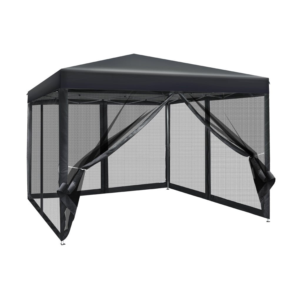 Gazebo Pop Up Marquee | 3x3m | Wedding Party | Outdoor Camping Tent | Canopy Shade | Mesh Wall | Black