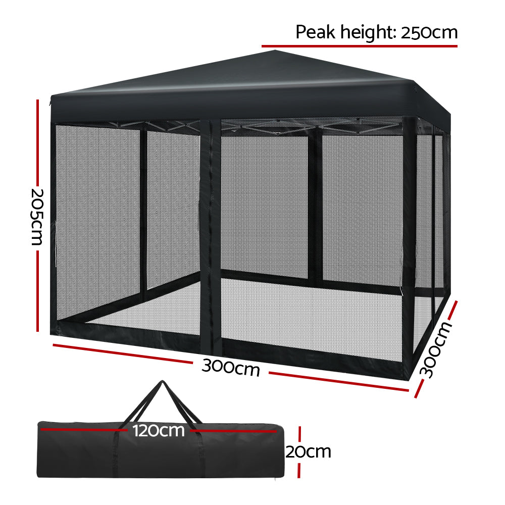 Gazebo Pop Up Marquee | 3x3m | Wedding Party | Outdoor Camping Tent | Canopy Shade | Mesh Wall | Black
