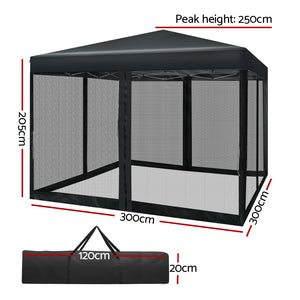 Gazebo Pop Up Marquee | 3x3m | Wedding Party | Outdoor Camping Tent | Canopy Shade | Mesh Wall | Black