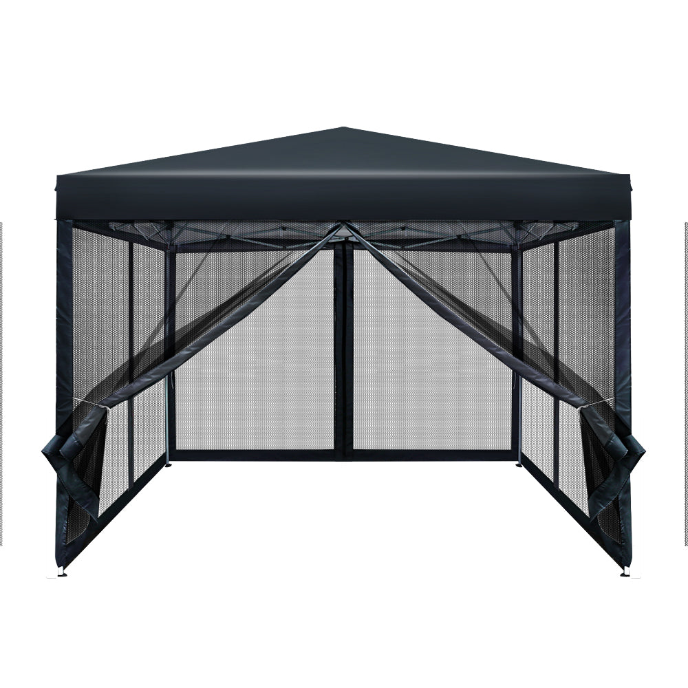 Gazebo Pop Up Marquee | 3x3m | Wedding Party | Outdoor Camping Tent | Canopy Shade | Mesh Wall | Black