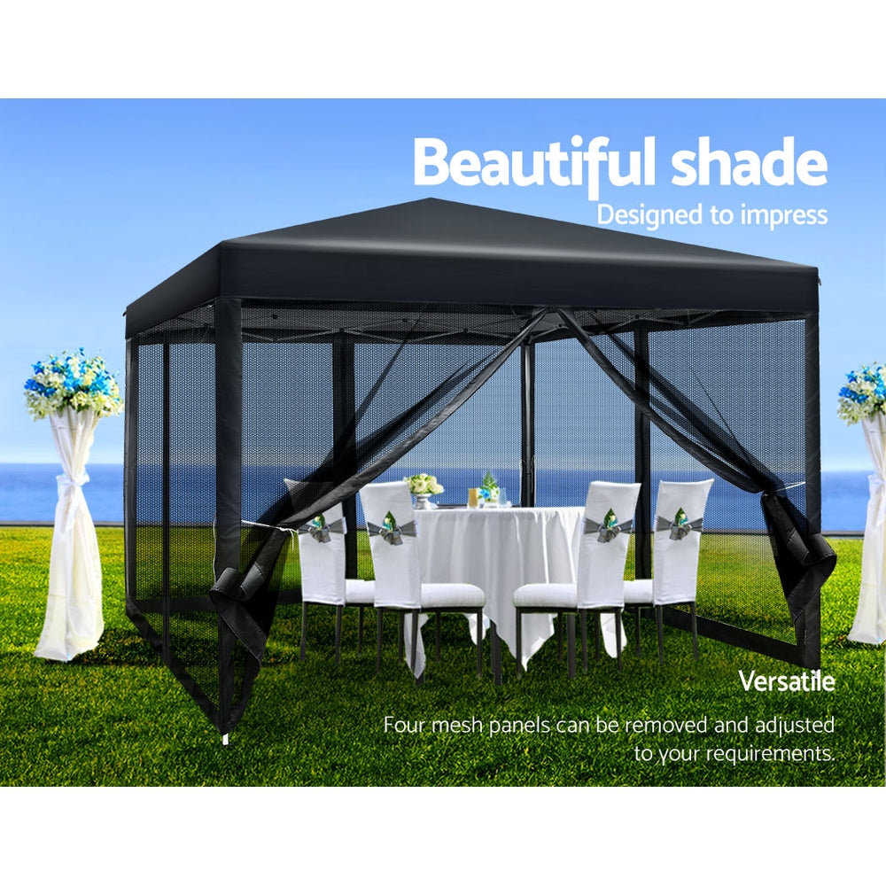 Gazebo Pop Up Marquee | 3x3m | Wedding Party | Outdoor Camping Tent | Canopy Shade | Mesh Wall | Black