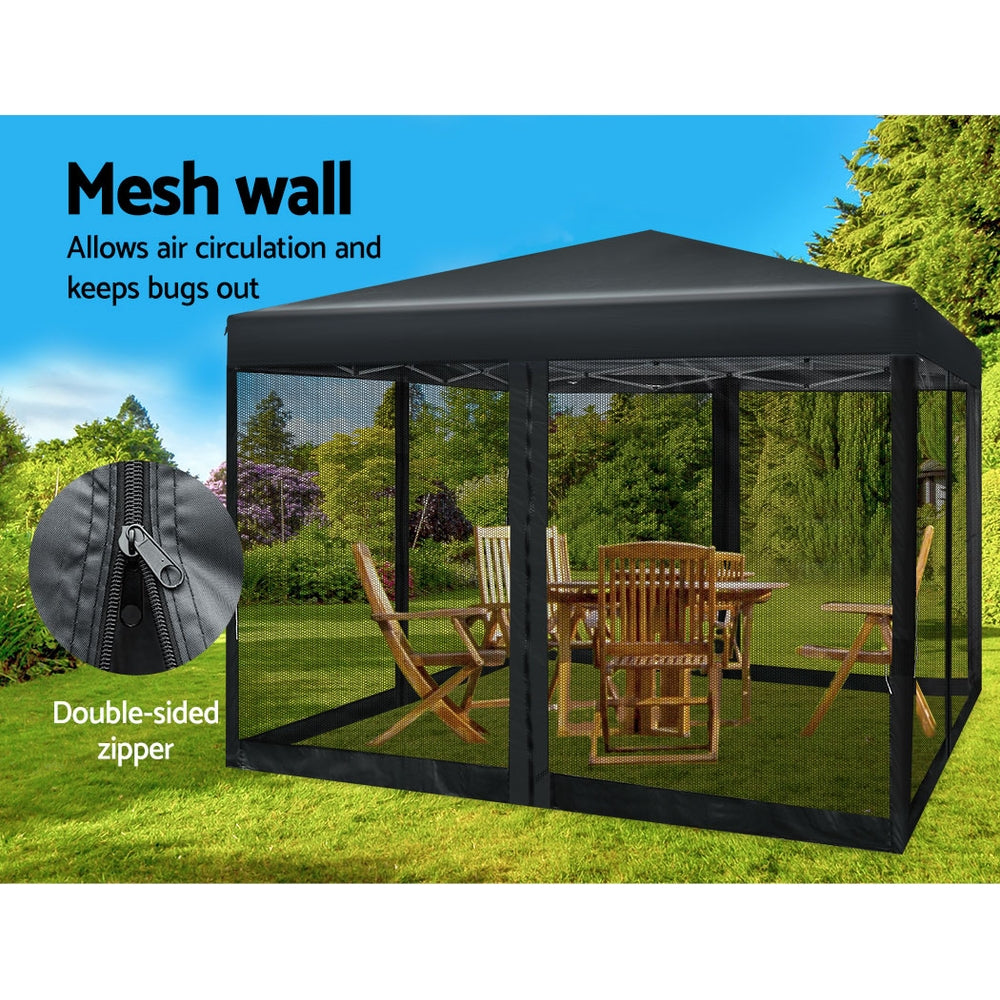 Gazebo Pop Up Marquee | 3x3m | Wedding Party | Outdoor Camping Tent | Canopy Shade | Mesh Wall | Black