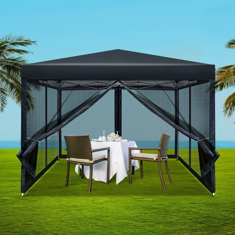 Gazebo Pop Up Marquee | 3x3m | Wedding Party | Outdoor Camping Tent | Canopy Shade | Mesh Wall | Black