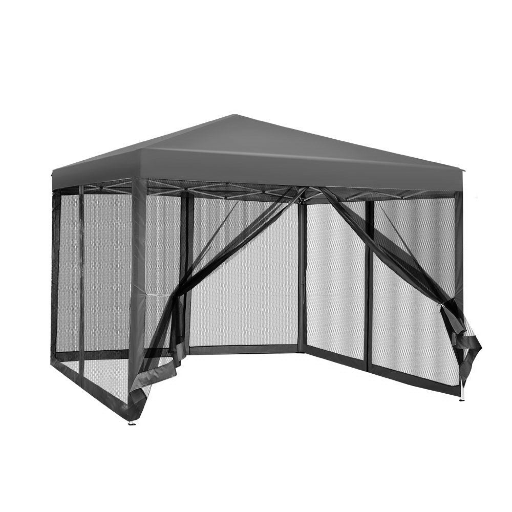 Gazebo Pop Up Marquee | 3x3m | Wedding Party | Outdoor Camping Tent | Canopy Shade | Mesh Wall | Grey