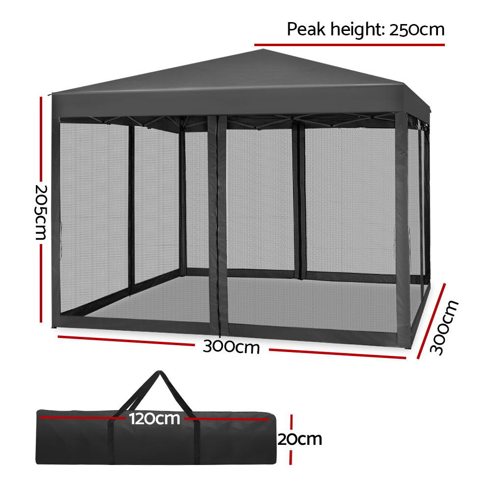 Gazebo Pop Up Marquee | 3x3m | Wedding Party | Outdoor Camping Tent | Canopy Shade | Mesh Wall | Grey