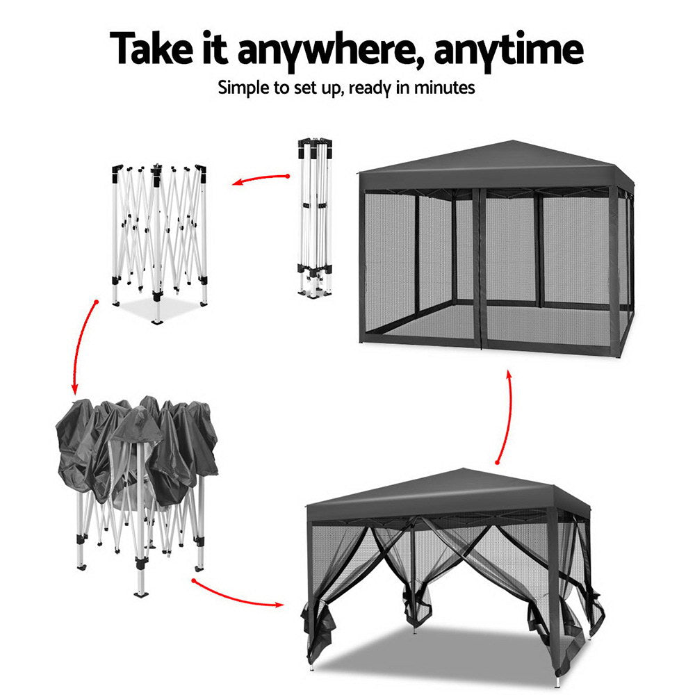 Gazebo Pop Up Marquee | 3x3m | Wedding Party | Outdoor Camping Tent | Canopy Shade | Mesh Wall | Grey