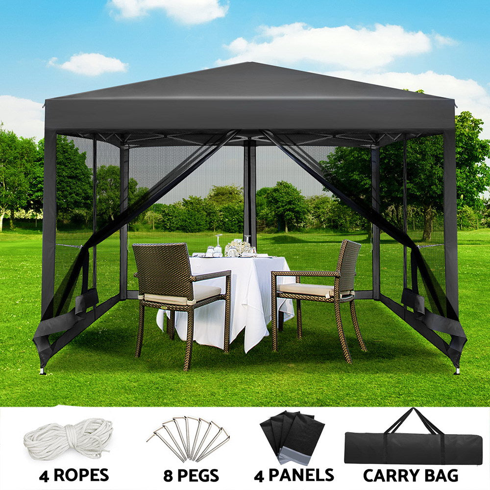 Gazebo Pop Up Marquee | 3x3m | Wedding Party | Outdoor Camping Tent | Canopy Shade | Mesh Wall | Grey