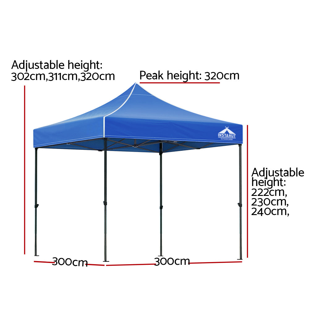 Gazebo Pop Up | 3x3m | w/Base Podx4 | Marquee Folding Outdoor Wedding Camping Tent | Shade Canopy | Blue