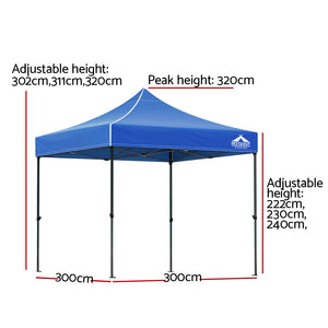 Gazebo Pop Up | 3x3m | w/Base Podx4 | Marquee Folding Outdoor Wedding Camping Tent | Shade Canopy | Blue