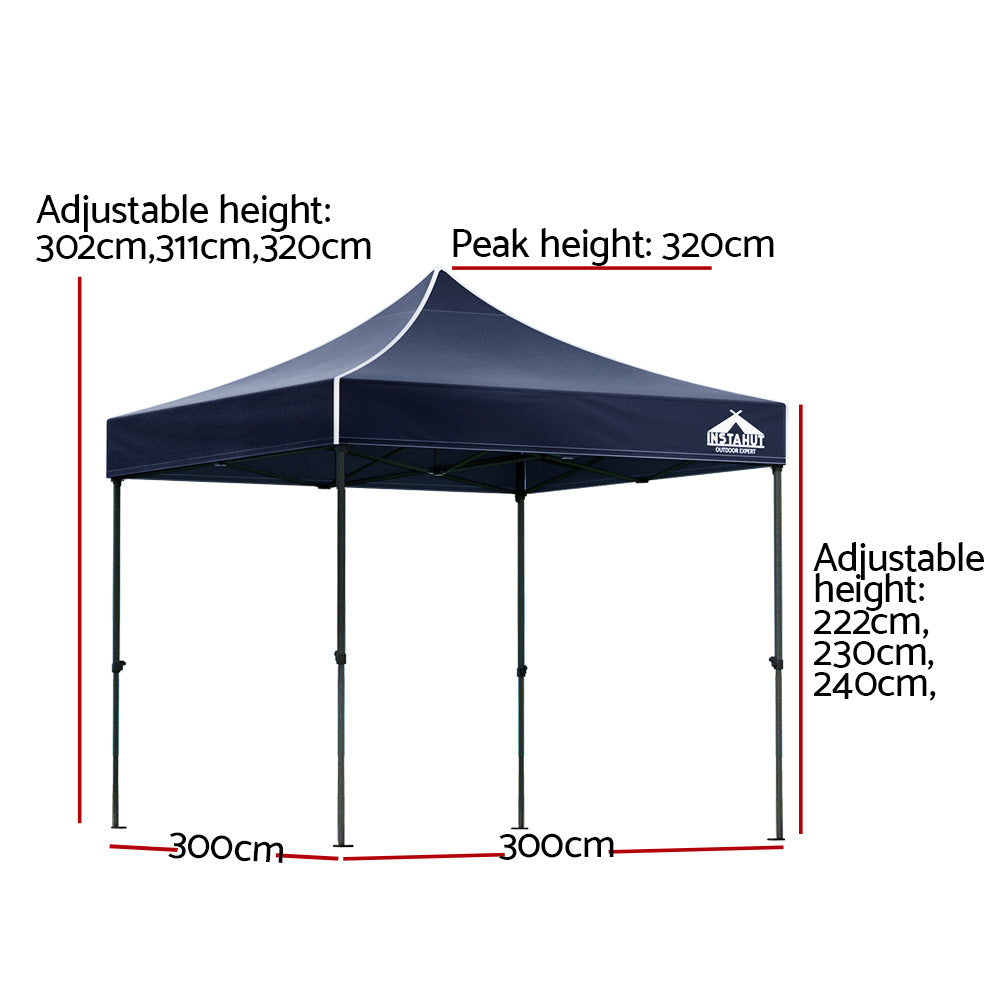 Gazebo Pop Up | 3x3m | w/Base Podx4 | Marquee Folding Outdoor Wedding Camping Tent | Shade Canopy | Navy