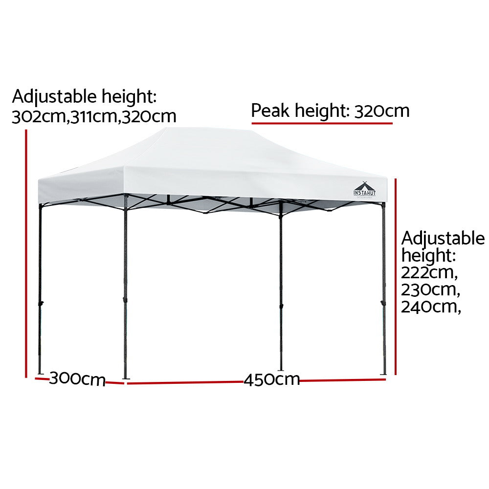 Gazebo Pop Up | 3x4.5m | w/Base Podx4 | Marquee Folding Outdoor Wedding Camping Tent | Shade Canopy | White