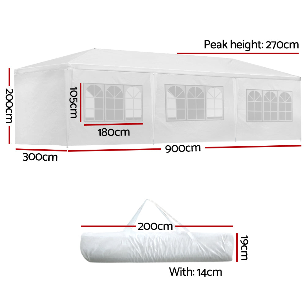 Gazebo | 3x9m | Marquee | Wedding Party Tent | Outdoor Camping | Side Wall Canopy | 8 Panel | White