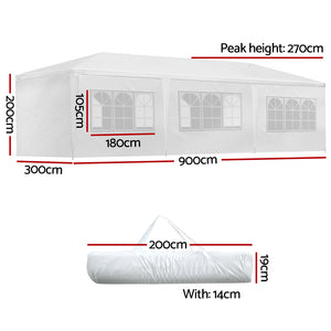Gazebo | 3x9m | Marquee | Wedding Party Tent | Outdoor Camping | Side Wall Canopy | 8 Panel | White