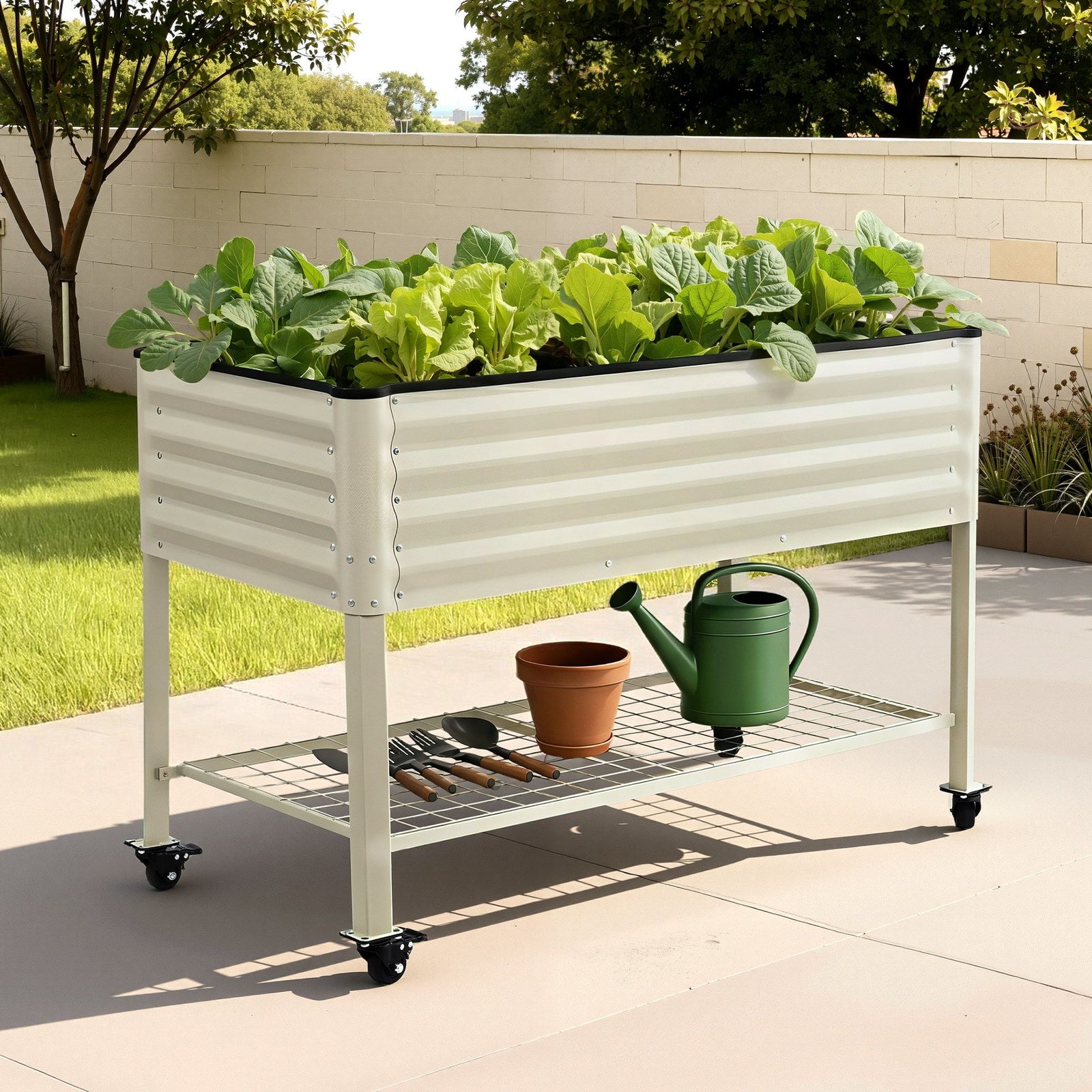 Mobile Raised Garden Bed | Planter Box with Wheels & Storage Shelf | White