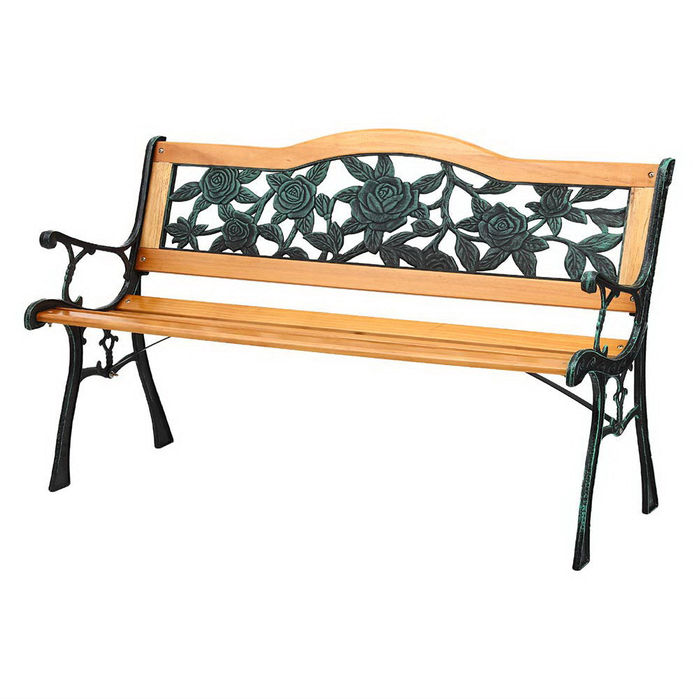 Outdoor Garden Bench Seat | 126cm | Wooden Cast Iron | 3 Seater | Patio Furniture