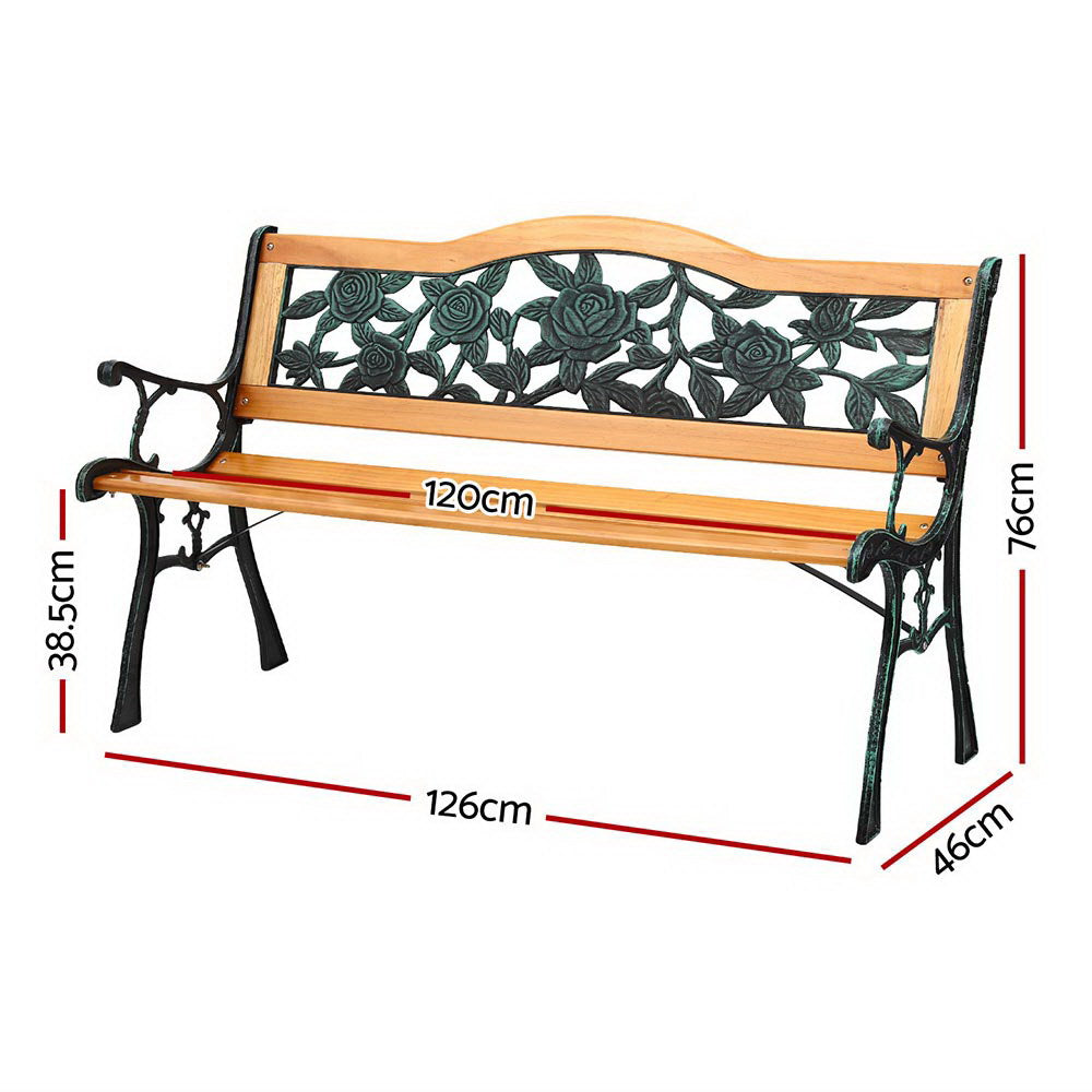 Outdoor Garden Bench Seat | 126cm | Wooden Cast Iron | 3 Seater | Patio Furniture