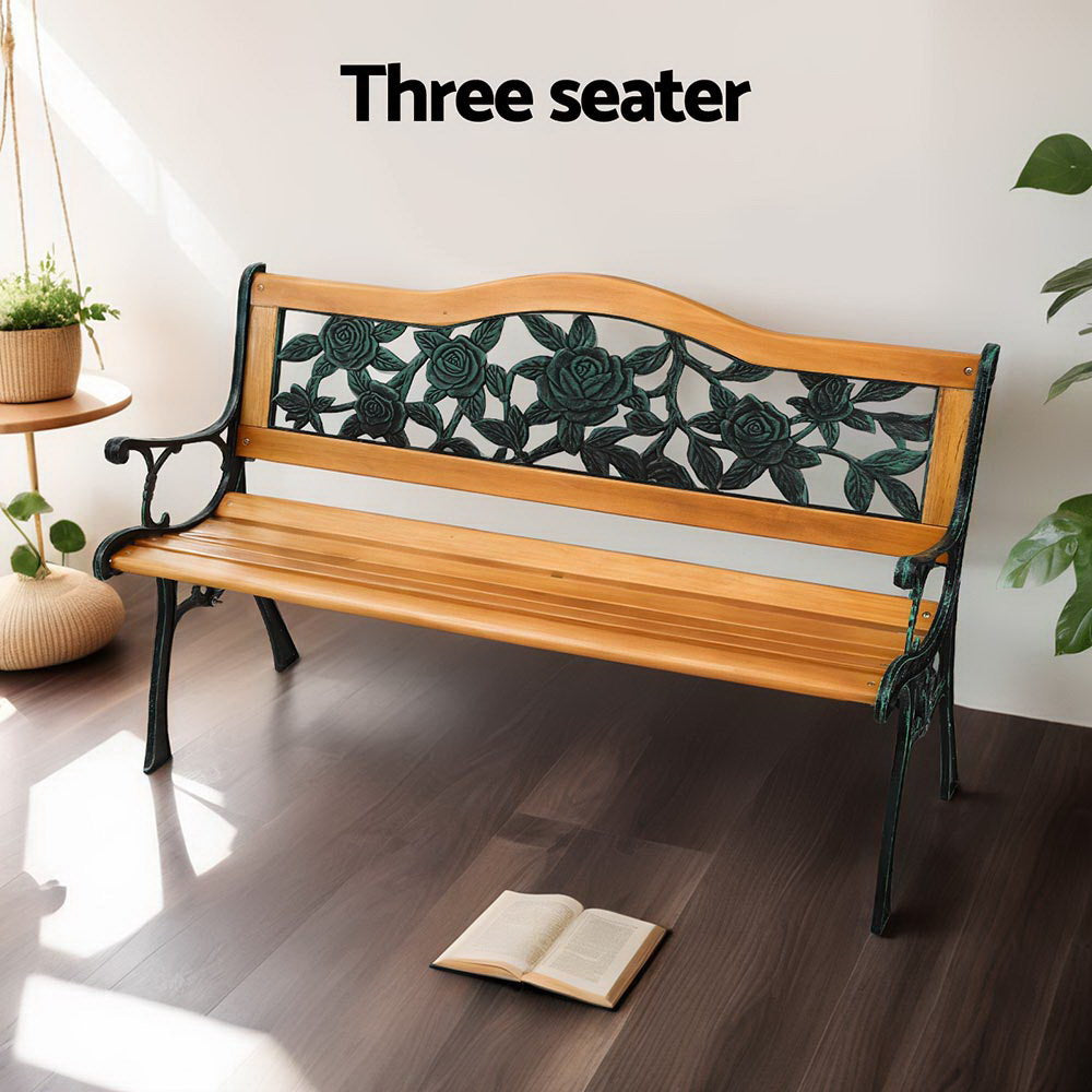 Outdoor Garden Bench Seat | 126cm | Wooden Cast Iron | 3 Seater | Patio Furniture