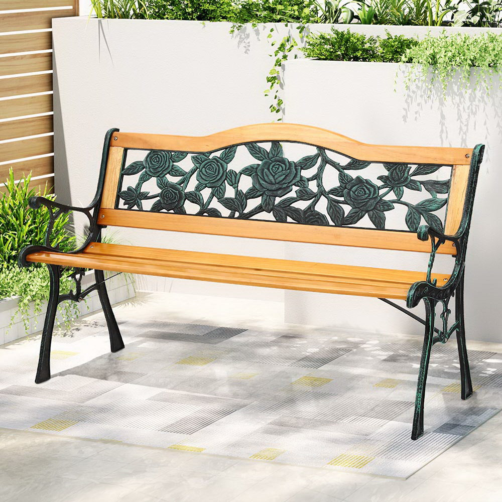Outdoor Garden Bench Seat | 126cm | Wooden Cast Iron | 3 Seater | Patio Furniture