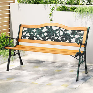 Outdoor Garden Bench Seat | 126cm | Wooden Cast Iron | 3 Seater | Patio Furniture