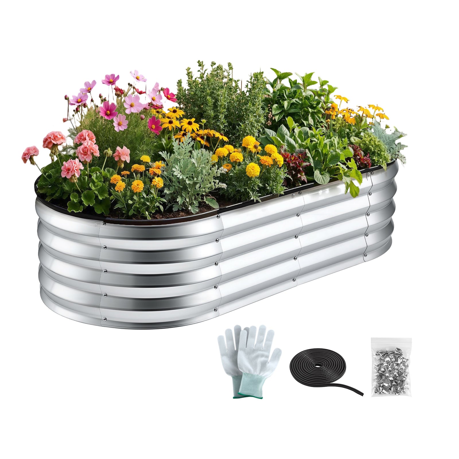 Oval Raised Garden Bed | Galvanised Metal Planter Box | 120 x 60 x 30cm | Silver