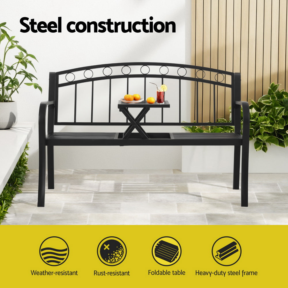 Outdoor Garden Bench Seat | Loveseat | Steel Foldable Table | Black