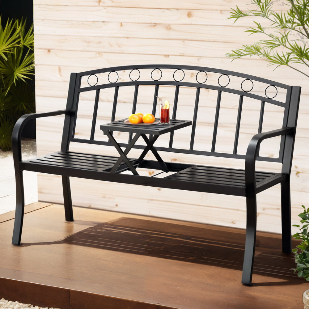 Outdoor Garden Bench Seat | Loveseat | Steel Foldable Table | Black