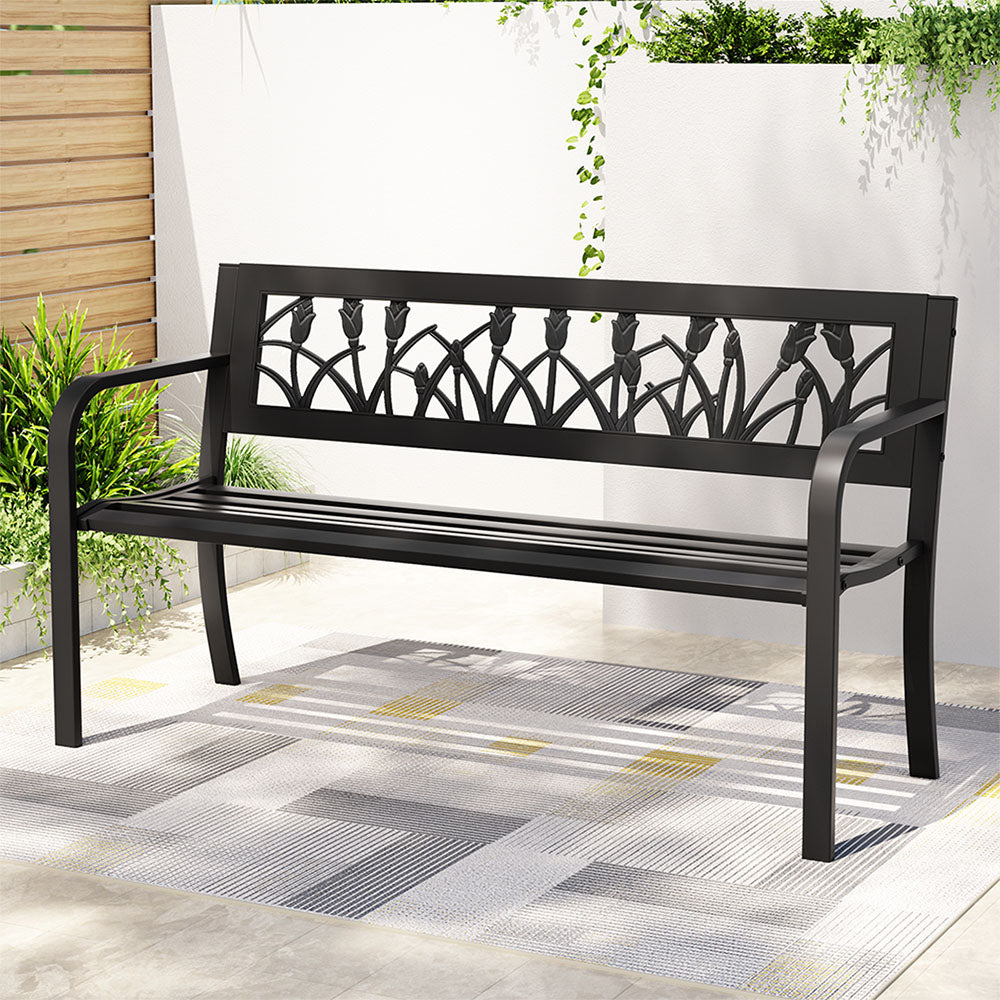 Gardeon Outdoor Bench | 2 Seater | Garden Steel Furniture | Black