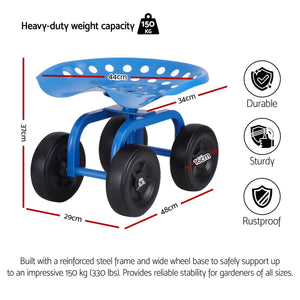 Swivel Garden Scooter Seat | Rolling Cart | Adjustable Height | 150kg Capacity (Version 2)
