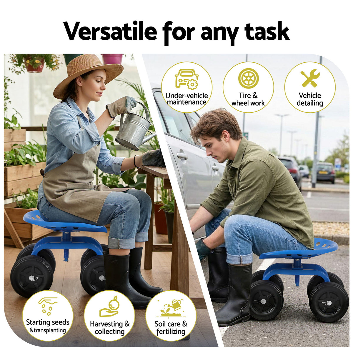Swivel Garden Scooter Seat | Rolling Cart | Adjustable Height | 150kg Capacity (Version 2)