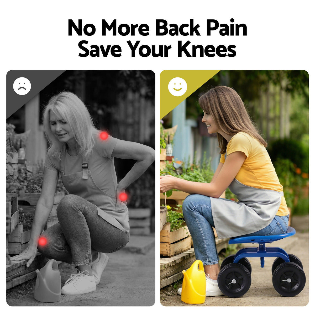Swivel Garden Scooter Seat | Rolling Cart | Adjustable Height | 150kg Capacity (Version 2)
