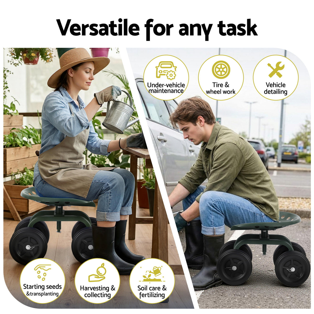 Garden Seat | 360° Swivel | Rolling Adjustable Height | Heavy Duty 150kg (Version 1)