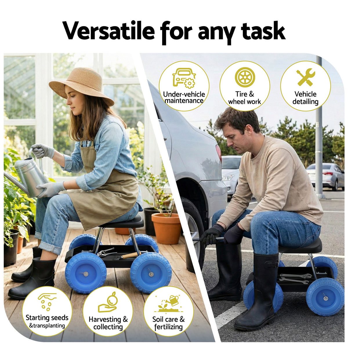 Rolling Garden Seat | 200kg Capacity | Tool Tray Storage | Blue/Black