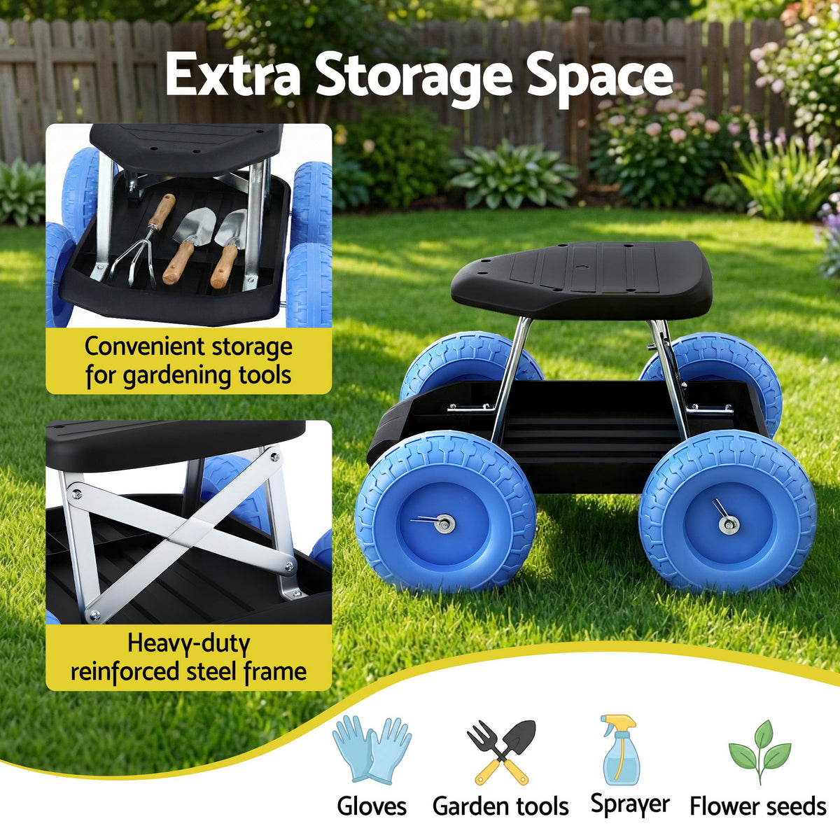 Rolling Garden Seat | 200kg Capacity | Tool Tray Storage | Blue/Black