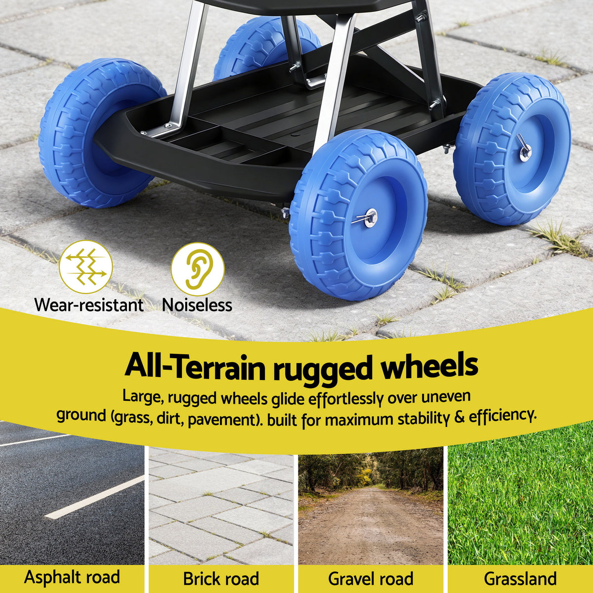 Rolling Garden Seat | 200kg Capacity | Tool Tray Storage | Blue/Black