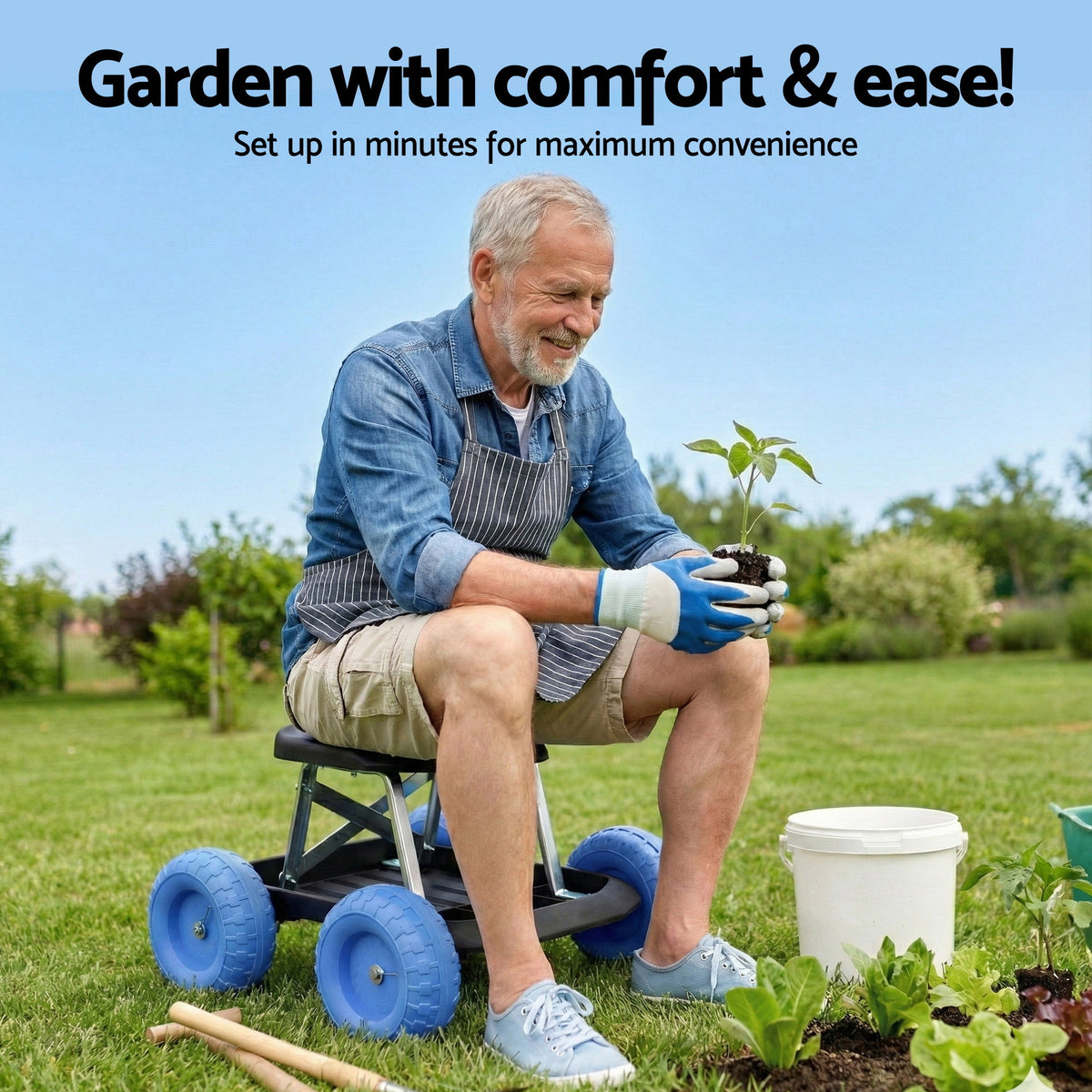 Rolling Garden Seat | 200kg Capacity | Tool Tray Storage | Blue/Black