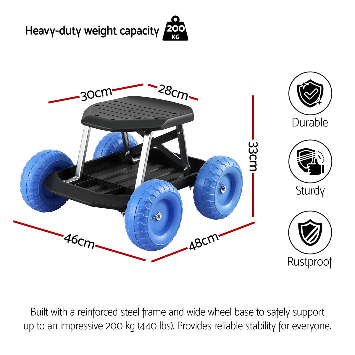 Rolling Garden Seat | 200kg Capacity | Tool Tray Storage | Blue/Black