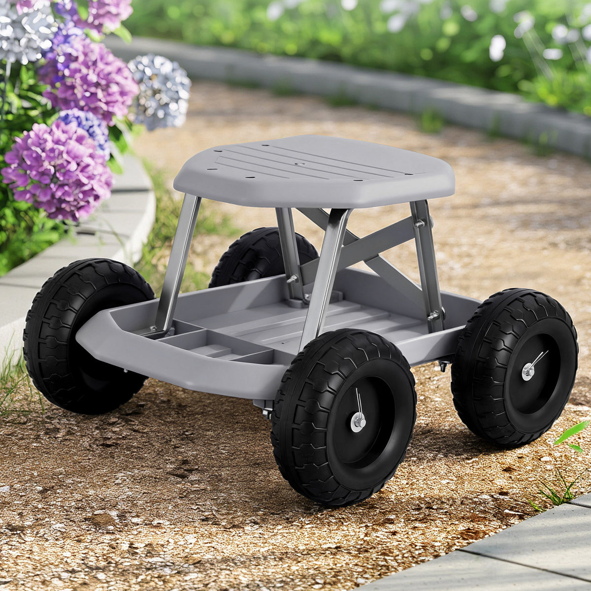 Garden Work Stool on Wheels | 200kg Capacity | Tool Tray | Grey/Black