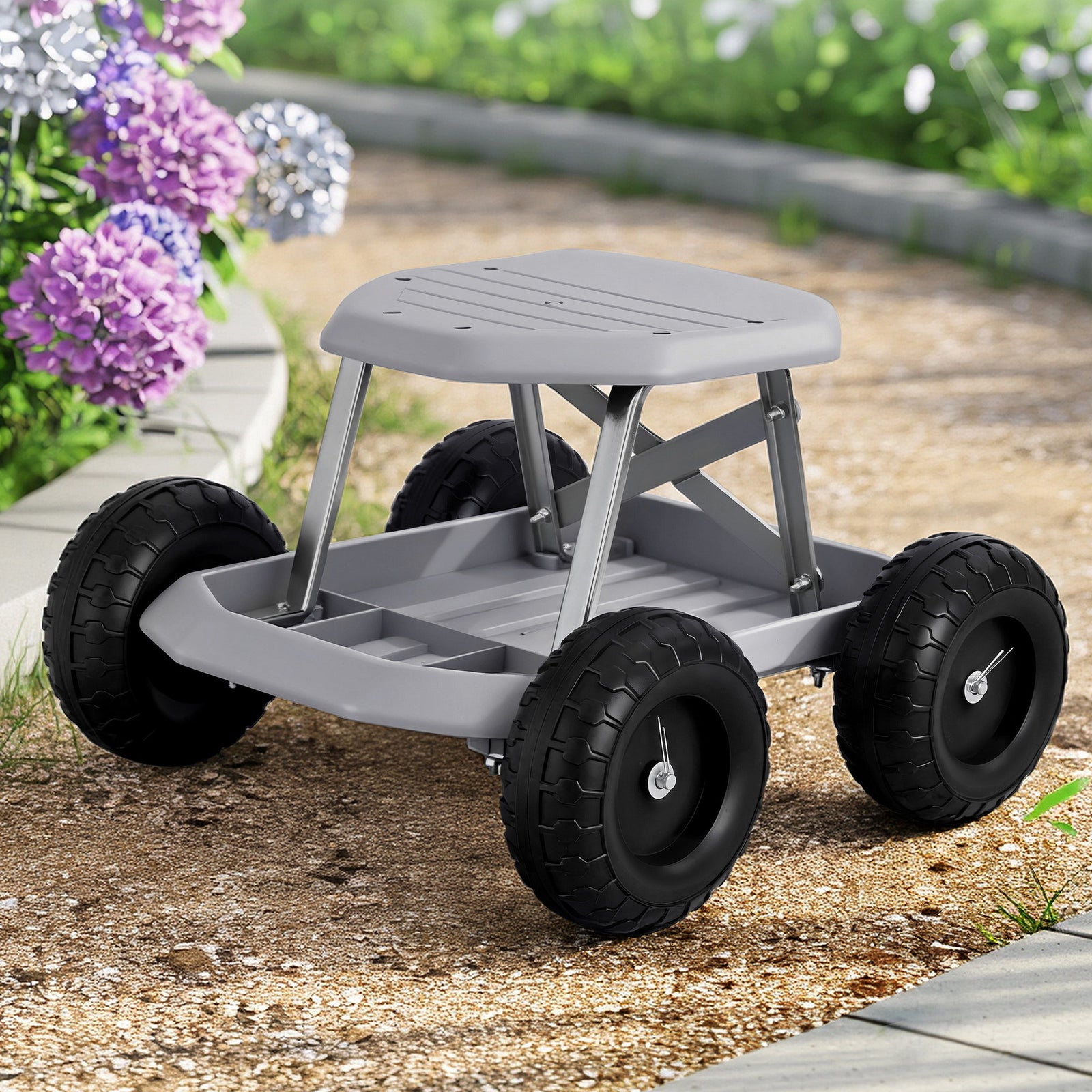 Garden Work Stool on Wheels | 200kg Capacity | Tool Tray | Grey/Black