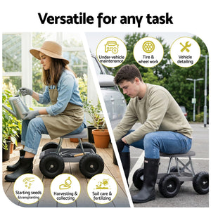 Garden Work Stool on Wheels | 200kg Capacity | Tool Tray | Grey/Black