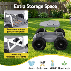 Garden Work Stool on Wheels | 200kg Capacity | Tool Tray | Grey/Black