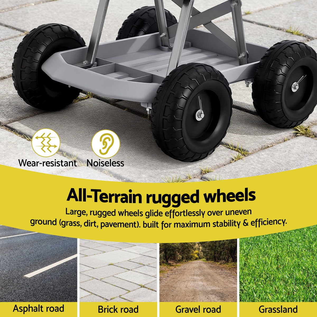 Garden Work Stool on Wheels | 200kg Capacity | Tool Tray | Grey/Black