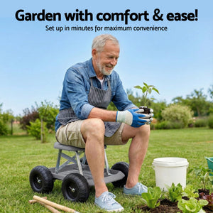 Garden Work Stool on Wheels | 200kg Capacity | Tool Tray | Grey/Black