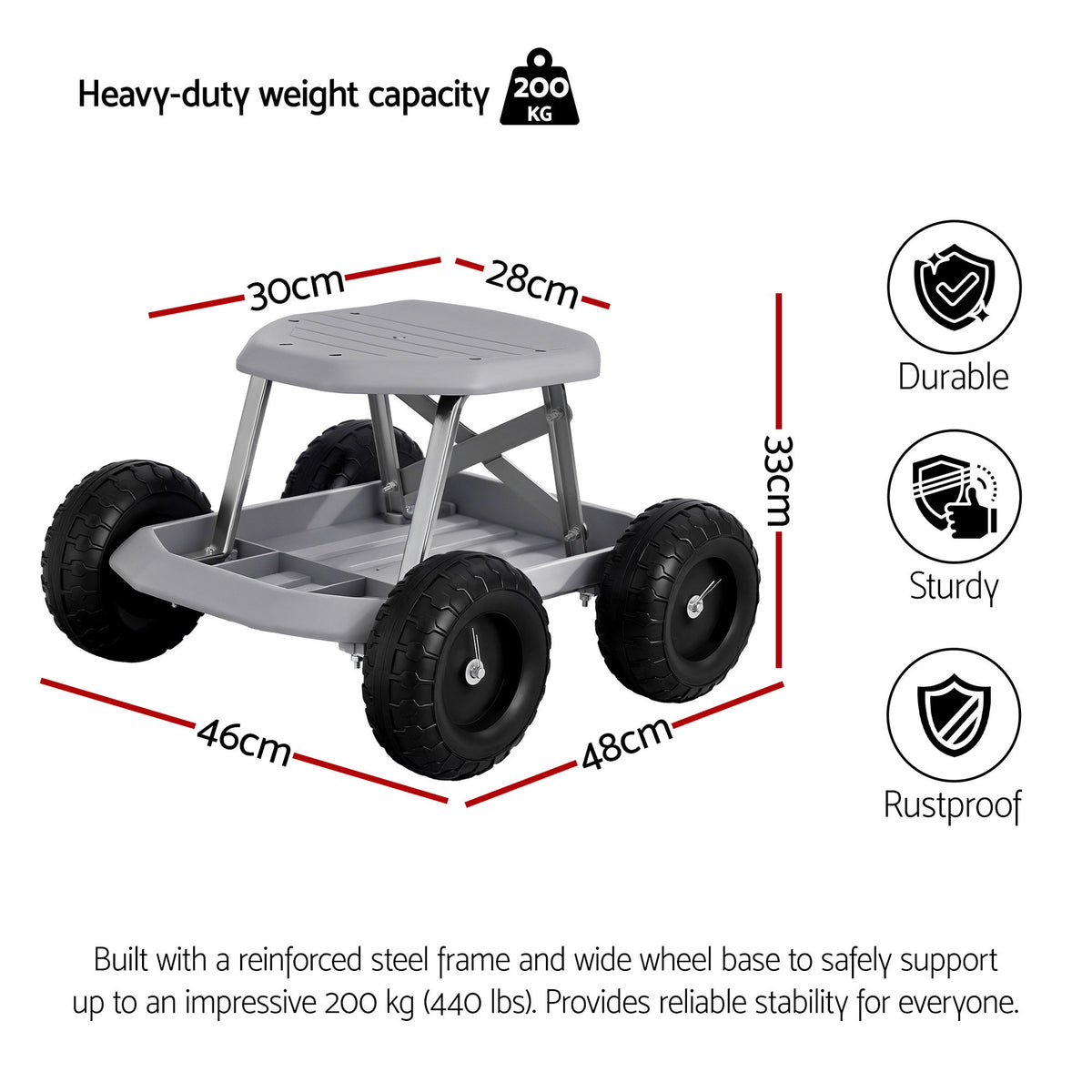 Garden Work Stool on Wheels | 200kg Capacity | Tool Tray | Grey/Black