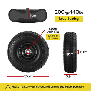 Solid Rubber Tyre & Wheel Set 2pc | 4.10/3.50-4 | 26cm | Flat Free | 5/8" Bore | Double Sealed Bearings (Set 2)