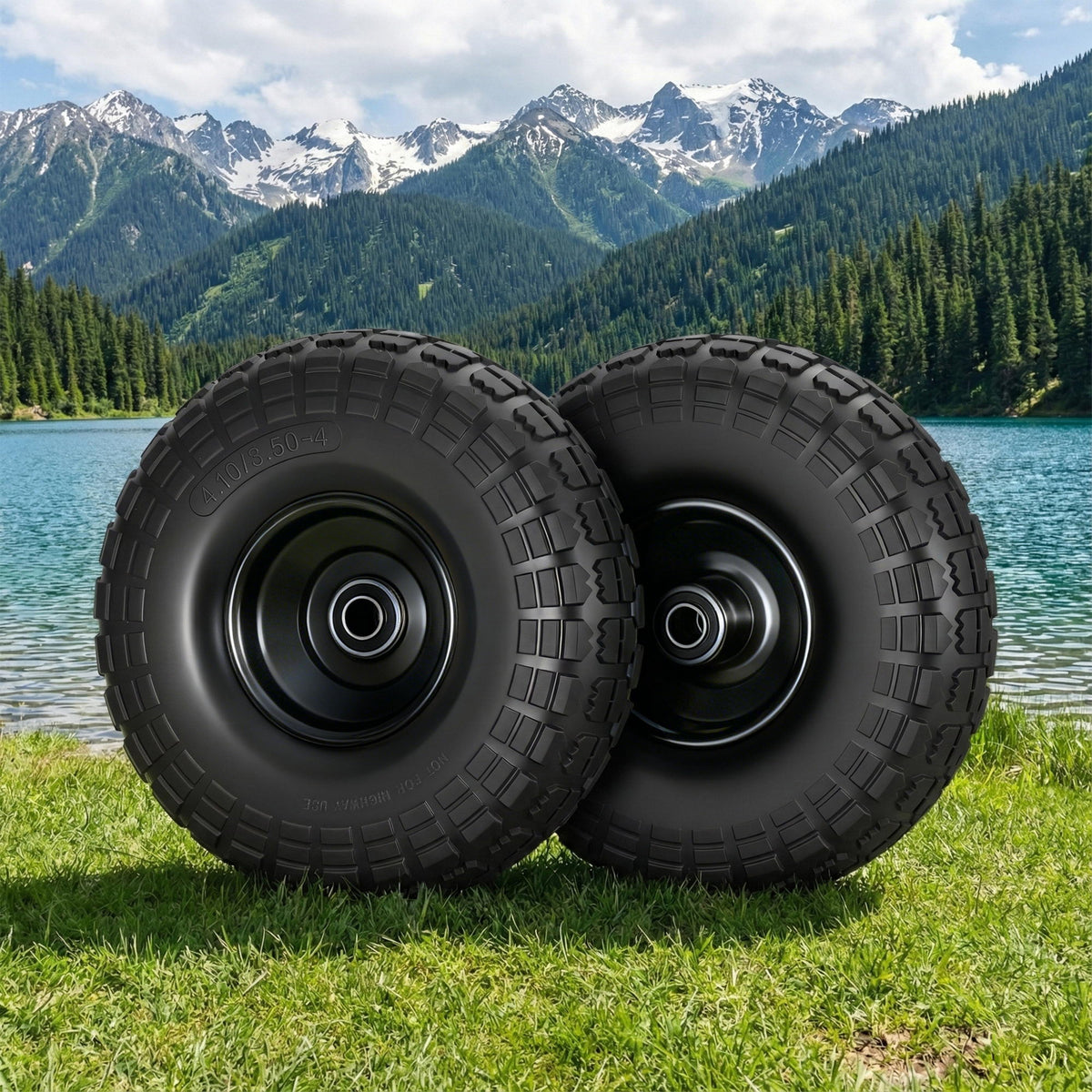 Solid Rubber Tyre & Wheel Set 2pc | 4.10/3.50-4 | 26cm | Flat Free | 5/8" Bore | Double Sealed Bearings (Set 2)